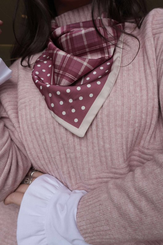 Plaid & Polka Border Triangle Silk Neckerchief Deep Rose